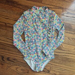 Girls Bode Long-Sleeve Frilly One-Piece Swimsuit in Blue Spring Floral size 5-6Y